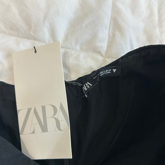 NWT Zara Strapless Black Mini Dress Raised Floral Detail Ruffle Hem Size Small - Picture 6 of 7